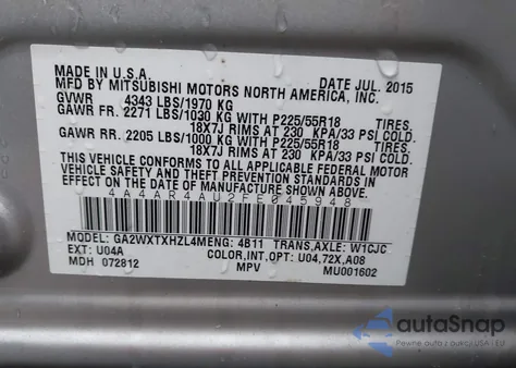 2015 Mitsubishi Outlander Sport Se z USA, uszkodzony, nr VIN 4A4AR4AU2FE045948